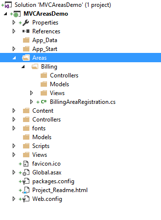 A screenshot of an MVC project structure, showing the Areas folder and Billing area