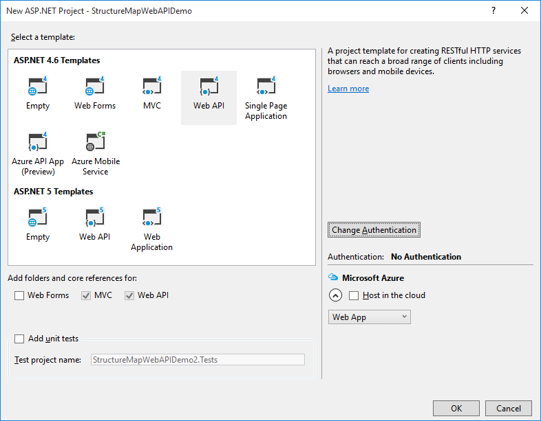 A screenshot of the Visual Studio New Web Project window, with Web API and No Authentication selected