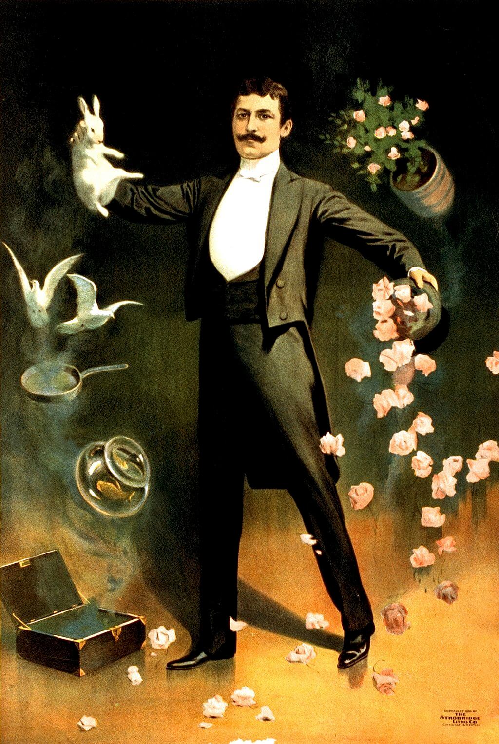 A poster for a magic show by Zan Zig, showing him holding a rabbit